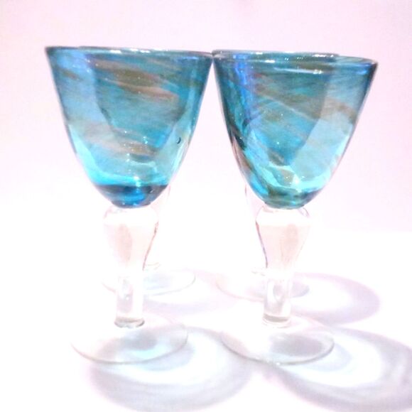 Set of Four Vintage Hand Blown Heavy Blue and Gold Swirl Goblets - Picture 5 of 5